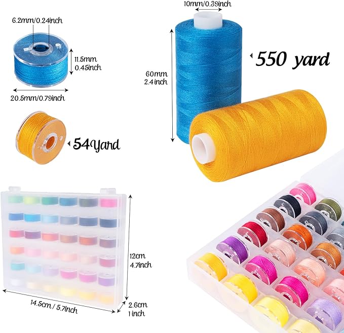 ilauke 72pcs Sewing Thread Kit with Prewound Bobbins - 36 Colors 550 Yard Thread for Sewing + 36 Color-Matched 50 Yard Bobbins, Ideal for Sewing Supplies and Home Crafting