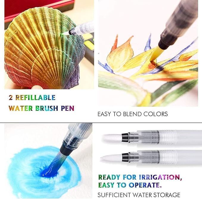 Emooqi Watercolor Paints Set, Metallic Glitter Watercolour Solid Paint Include 12 Metallic Glitter Color 2 Water Brushes 2 Color Card Storage Bag, Ideal for Illustrations Painting.
