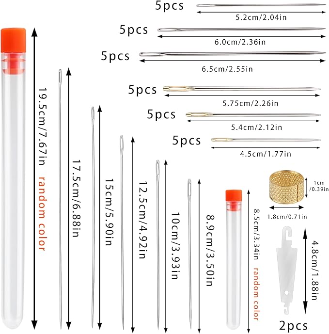 34 Pcs Hand Sewing Needles Set 2"/2.36"/2.55"/4.9"/5.9"/6.9" Long Sewing Needles Big Eye Stitching Needles Upholstery Needles with Storage Tube for Quilting Darning and Making (11 Size)