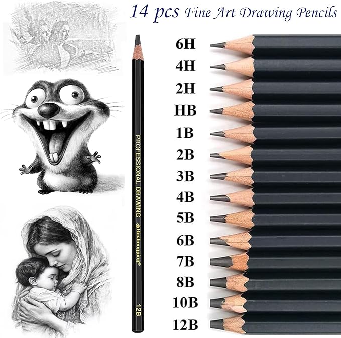Heshengping, 41pcs Sketching Pencil Set Drawing Sketch Kit Graphite Charcoal Watercolor Pencils Blending Stumps 50page sketchbook, coloring book, Beginners Artist Teens and Adults