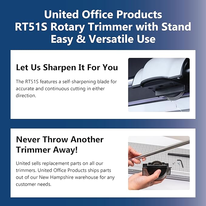 United Office Products RT51S Commercial Rotary Paper Trimmer with Stand and Fabric Catch Tray, Sturdy Metal Base, 51" Cut Length, 10 Sheet Capacity, Paper Cutter for Offices, Schools and Crafts