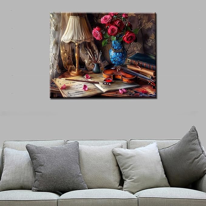 Paint by Numbers Kits Retro European Style DIY Oil Painting Kits on Canvas with Paint Brushes and Acrylic Pigment Flower Violin Book 16x20 Inch Paint by Number for Adults Home Wall Decor(Manual Frame)