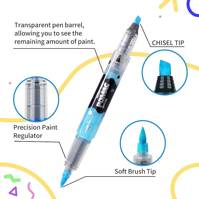POMAC Dual Tip Acrylic Paint Markers Pens 12 Assorted Colors, Direct Liquid Acrylic Marker with Brush & Chisel Tip, Water-Based Paint Marker for Fabric, Canvas, Rock, Glass, Wood, Crafts, Art Supplies