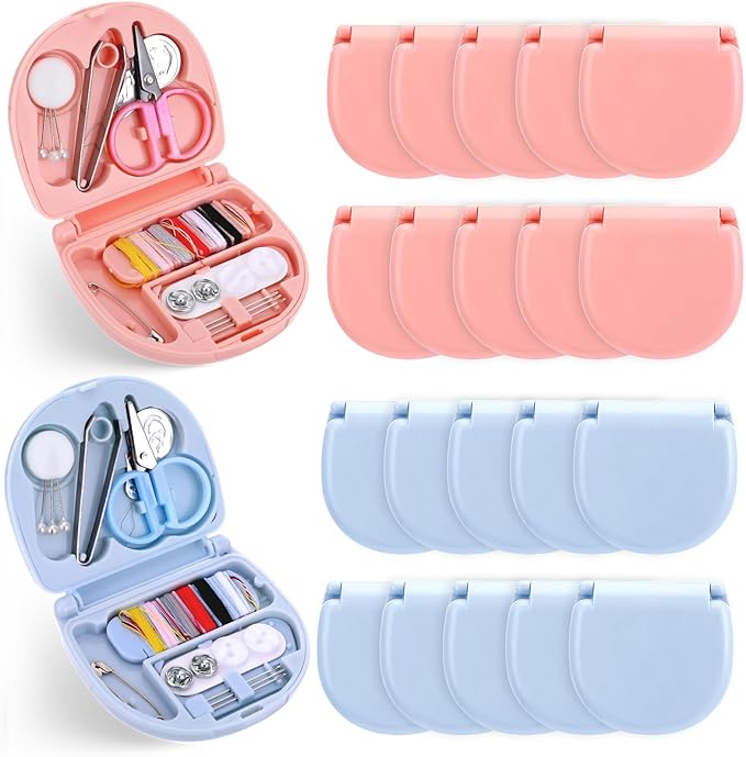 20Pack Mini Travel Sewing Kit, Portable Sewing Tools, DIY Sewing Supplies, Plastic Sewing Kit, Beginner Emergency Sewing Repair Kit with Threads Scissors Hand Sewing Needles (Light Blue, Light Pink)