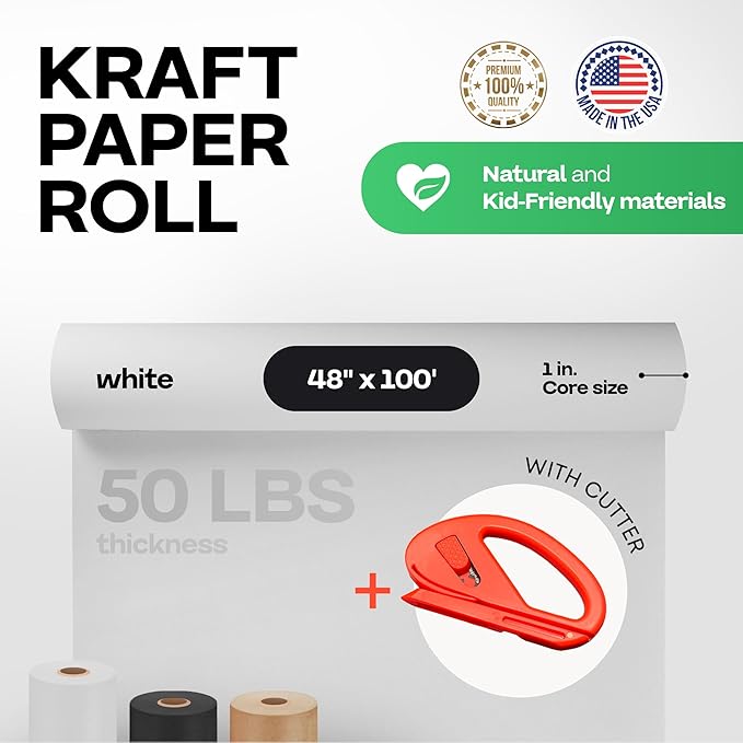 White Kraft Paper Roll 48" x 1200" (100 feet) with Cutter- USA-Made Wrapping Paper for Packing, Moving, Shipping & Crafts/Arts - 100% Recyclable Natural Craft Material by IDL Packaging