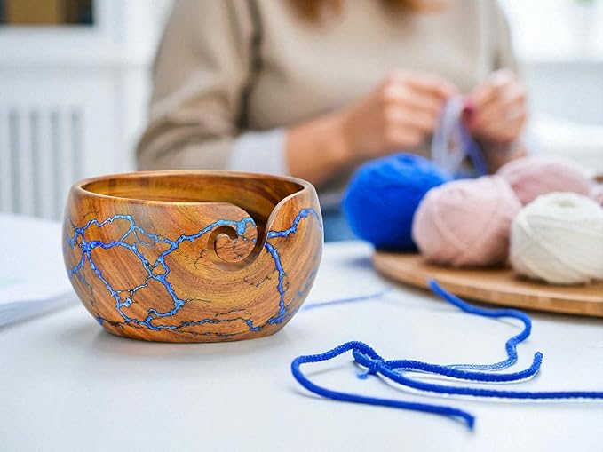 Large Yarn Bowl for Crocheting, Indian Rosewood Knitting Wooden Large Yarn Bowl Holder, Handmade Crocheting String Storage Holder, Knitting Crochet Accessories. (Brown + Blue Resin)