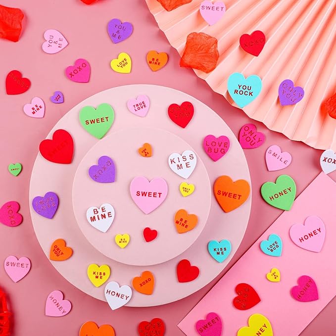 Fovths 500 Pieces Valentine Heart Foam Stickers Glitter Self-Adhesive Heart Shape Stickers Conversation Stickers for Greeting Cards, DIY Scrapbooking, Arts Craft Supplies, Assorted Sizes