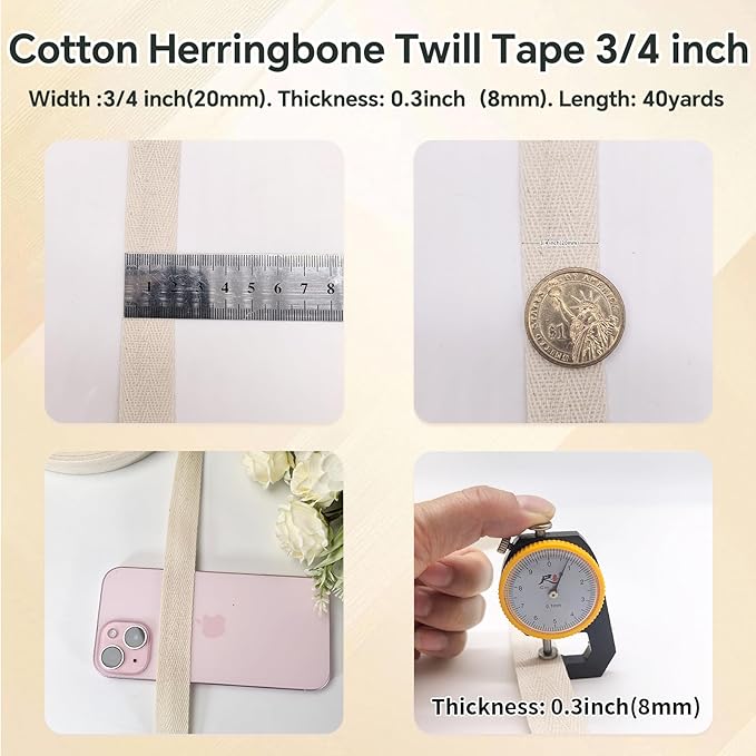 3/4 inch Natural White Herringbone Twill Tape for Sewing,Tags, Ties,Gift Wrapping Home Deco -40 YardsCotton Webbing Straps-Bias Binding Tape for Handles,Hoodie, DIY Crafts&Projects