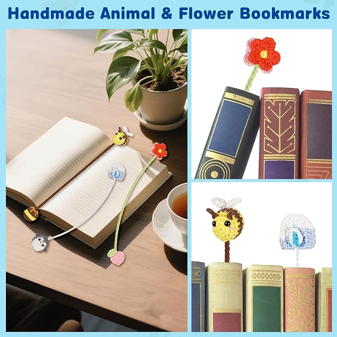 WaldyWop Crochet Kit for Beginners: 3 Animal & Flower Bookmarks Knitting Kits for Girls w/Easy Yarn, Crochet Hook & Easy Video Tutorials-Wobbles Crochet Animal Kit for Adults, Birthday Gifts for Women