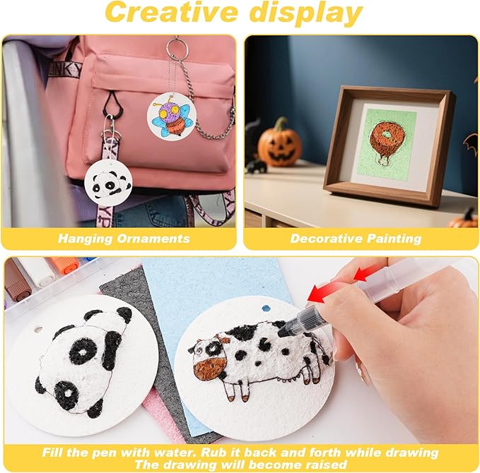 Edaick 56 Pcs Magic Foam Texture Painting Kit Puffy Paint Paper 3D Drawing Sponge Canvas DIY Art and Craft Supplies Foam Texture Paper with Colors Marker Water Brushes for 3D Craft Drawing