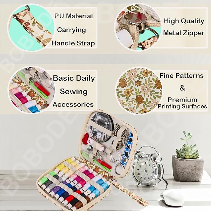 Arts Craft Printing Sewing Kit Floral Pattern Sewing Set Professional Travel Sewing Supplies with 18 Colors Sewing Thread, Basic Sewing Accessory for Emergency, Home