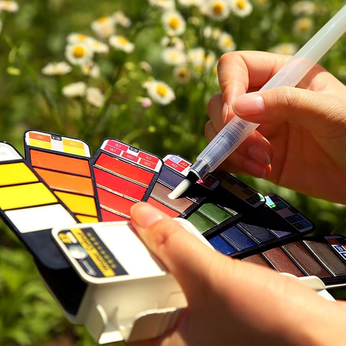 Watercolor Paint Set, 42 Assorted Colors Foldable Paint Set with Brushes, Travel Pocket Watercolor Kit, for Painters Students Artist Beginning Adults Field Sketch Outdoor Painting