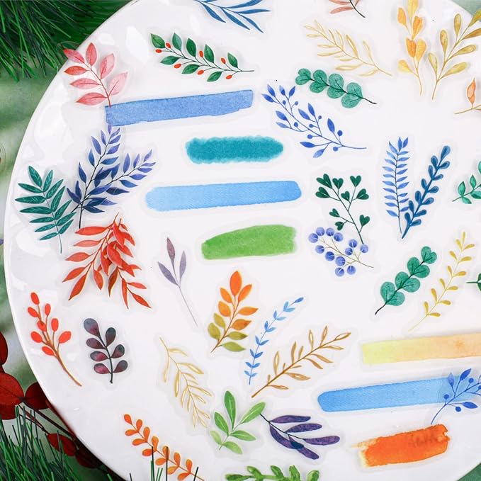 180 Pieces Botanical Colorful Watercolor Branches PET Stickers, 6 Pack Aesthetic Background Decorative Stickers for Scrapbooking, Journaling, Creative Journal Supplies and DIY Crafts