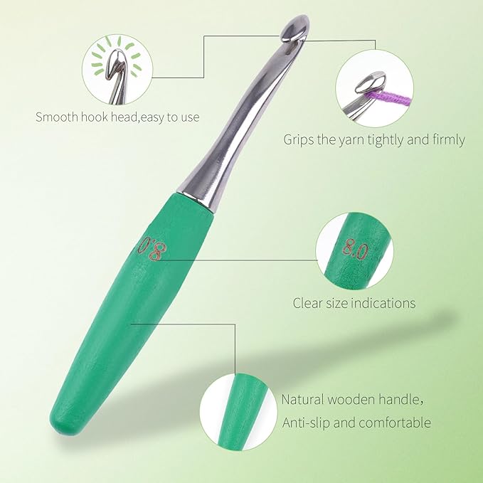 Crochet Hooks 8mm Crochet Hook Soft Lightweight Wood Ergonomic Handle and Stainless Steel Crochet Needles Tip (8 mm-L)