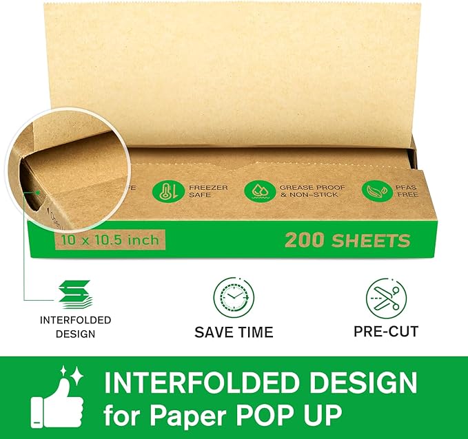 EcoDispose Precut POP UP Deli Paper Sheet Pack of 200, Interfolded Heavy Paper for Food Wrap and Serving (10" x 10-1/2", Kraft）