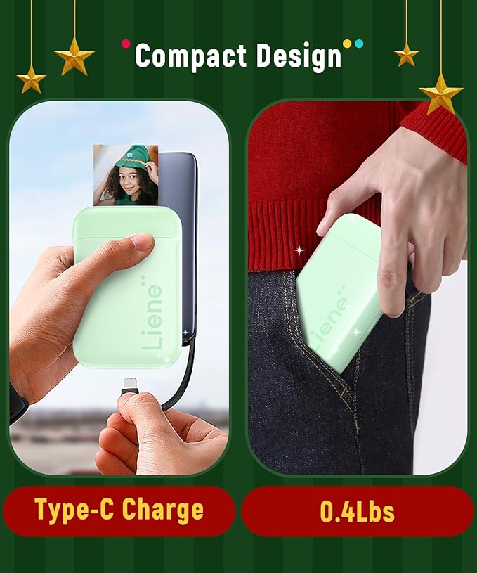 Liene Photo Printer, 2x3” Mini Portable Instant Photo Printer Bundle w/ 50 Zink Adhesive Paper, Bluetooth 5.0, Compatible w/iOS & Android, Small Color Mono Picture Printer for iPhone, Smartphone Green