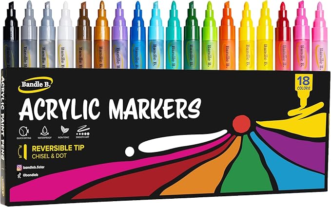 Bandle B. Acrylic Paint Markers – Set of 18 Paint Pens for Art, Fabric, Coloring, and Journaling–Quick-Drying, Waterproof, Non-Toxic, Reversible Chisel-Dot Tip