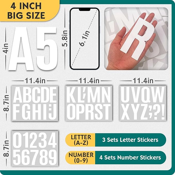 Seloom 13 Sheets Alphabet Stickers,4 Inch Large Vinyl Letter Number Stickers Self Adhesive,Waterproof Numbers Alphabet Letters Labels for DIY Crafts,Mailbox,Notebook,Door,Water Bottles,Car(White)