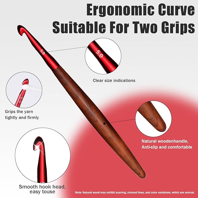 Giwrmu Crochet Hooks, 5mm Ergonomic Crochet Hook, Available in 3mm-7mm, Colored Aluminum Crochet Hook with Wooden Handle Crochet Needle for Crocheting Yarn