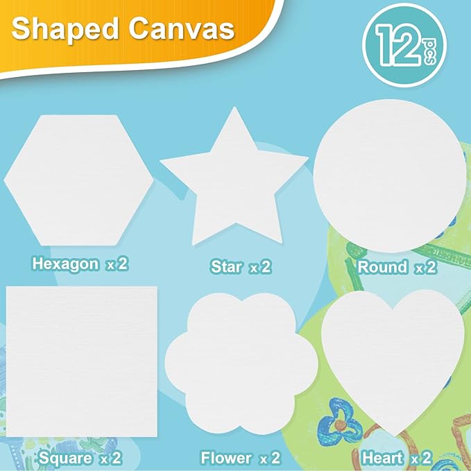 AUREUO Magnetic Mini Canvas Boards for Christmas Painting - 3 Inch 12 Pack Square, Hexagon, Circle, Star, Heart & Flower Shape Craft Art Gift, Tiny Painting Canvas Panel for Acrylic Paint & Markers