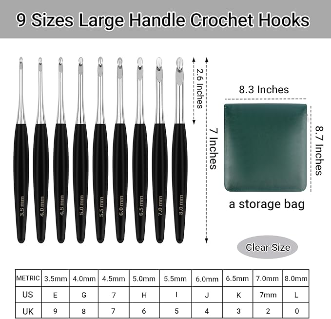 Hobekoee Inline Crochet Hooks Set 9 Sizes 3.5mm(E)-8mm(L) Wooden Handle Crochet Hooks Set with Case,Ergonomic Grip for Arthritic Hands
