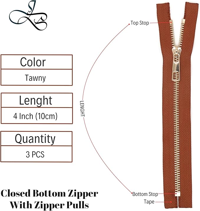 #5 Gold Metal Zipper - 50+ Colors - 3 PCS - (4-14 inches) Sizes - Luxury Lightweight Handcraft Metal Zippers with pulls for Purses Bags Pockets Shoes Sewing & Crafts DIY ZP02474