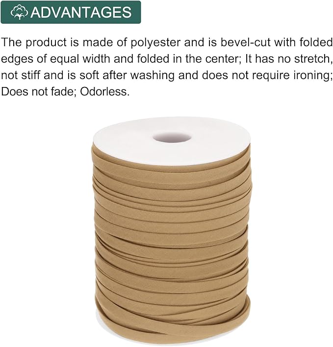 MECCANIXITY 1/4 Inch Double Fold Bias Tape Polyester Continuous Bulk Bias Tape for Sewing, Seaming Quilting Hemming Binding Crafts (Khaki 100 Yards)