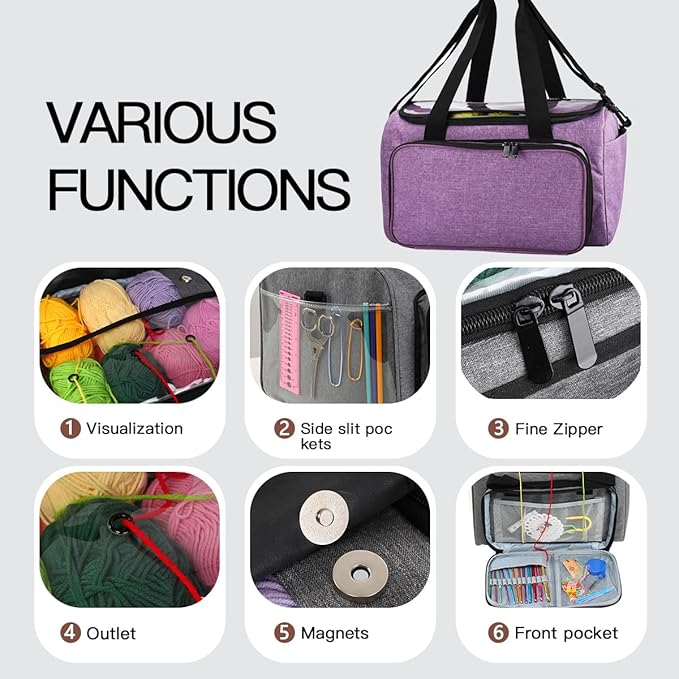 Weabetfu Large Crochet Bag Knitting Bags and Totes Organizer Huge Yarn Bag Storage for Crocheting Knitter,Crochet Hooks,Knitting Needles Kit,Supplies,Yarn - Ideal Crochet & Knitting Gift(Purple)