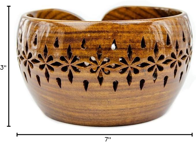 Nagina International Rosewood Crafted Wooden Yarn Storage Bowl With Carved Holes & Drills | Knitting Crochet Accessories (Medium)