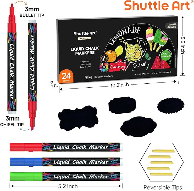 Shuttle Art Chalk Markers, 24 Vibrant Colors Liquid Chalk Markers Pens for Chalkboards, Windows, Glass, Cars, Erasable, 3mm Reversible Fine Tip with Chalkboard Labels for Office Home Supplies
