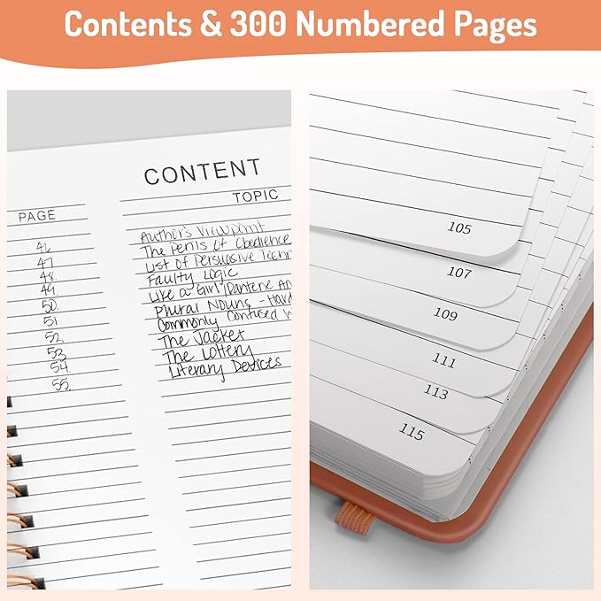 Forvencer A4 Lined Spiral Journal Notebook with 300 Numbered Pages, 11" X 8.5" Thick Journals for Writing with 100GSM Paper, Hardcover Notebooks with Contents for Work, School, Orange