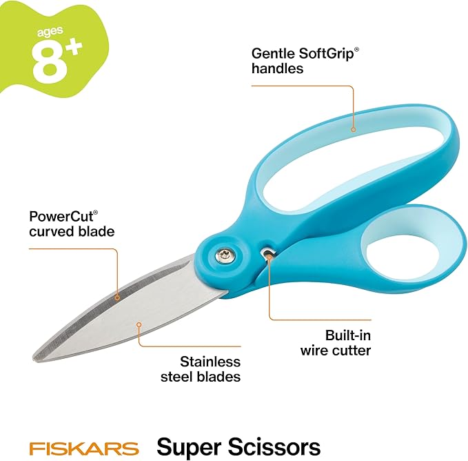 Fiskars Kids Super Scissors – Cutting Power for Cardboard, Foam, Felt & More with SoftGrip Handles, For Crafting and School Supplies, 6 inches