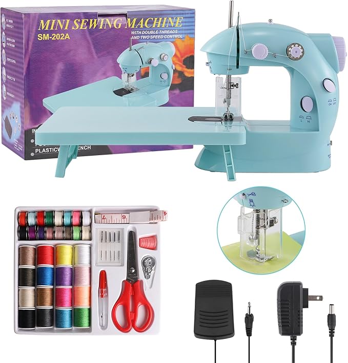 Sewing Machine for Beginners with Expansion Table and Foot Pedal and 42Pcs Sewing kit Finger Guard & Light Mini Small Portable Sewing Machines 2-Thread 2-Speed 2-Switches for Kids Ages 8-12