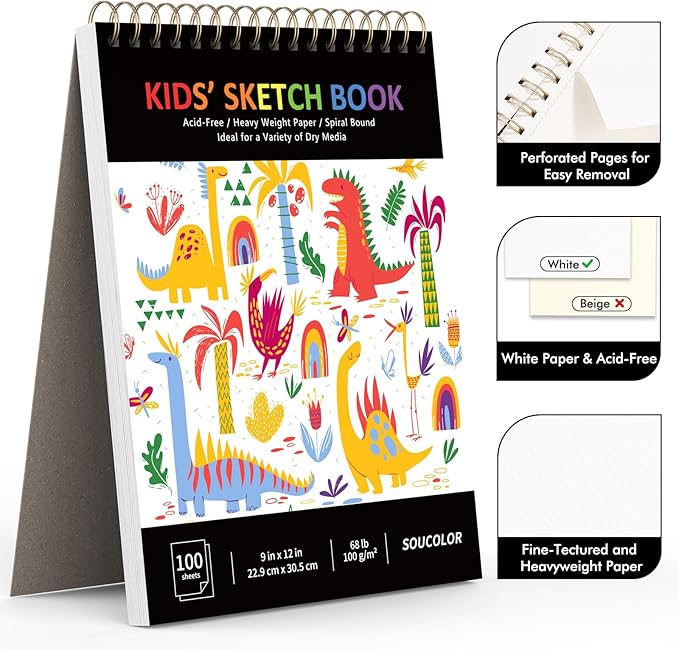 Soucolor 9" x 12" Sketch Book, 100 Sheets Spiral Bound Art Sketchbook, Acid Free Artist Drawing Book Paper, Art Supplies for Adults, Craft Activities, Sketch Paper for Drawing Coloring Sketching