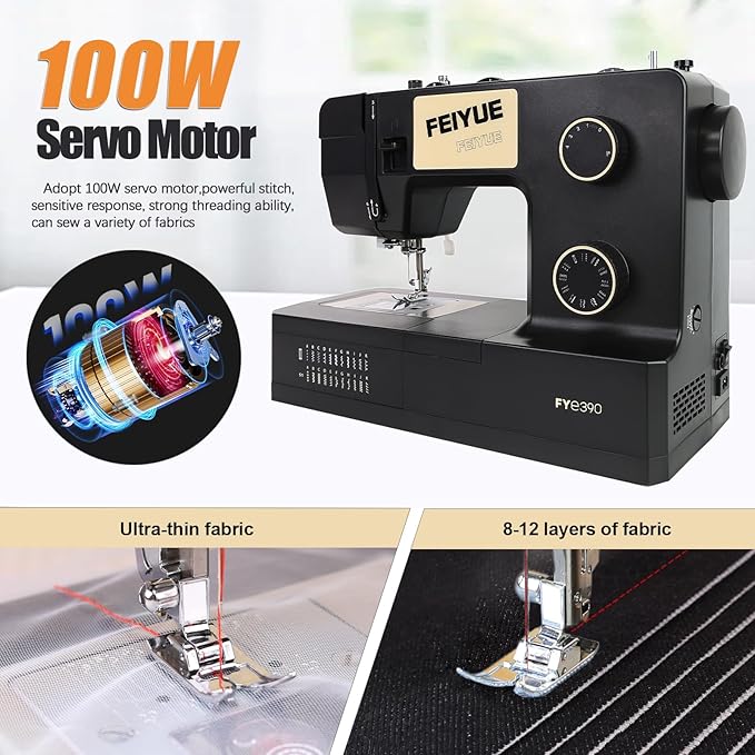 FEIYUE FYe390 Sewing Machine, Energy Saving Servo Motor, Heavy Duty & Portable, 23 Built-in Stitches, Multiple Needle Positions, 6 Bobbins & 5 Included Sewing Feet