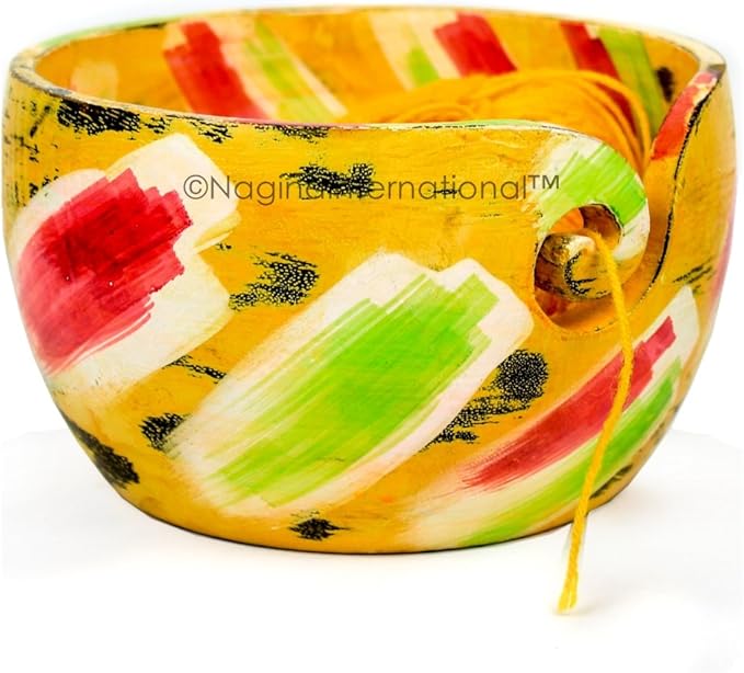 Nagina International Antique Colored Handmade Premium Wooden Yarn Ball Storage Bowl With Yarn Dispensing Curl | Knitting Storage Accessories & Supplies Large (7 x 4 x 7 Inches), Tri-Yellow