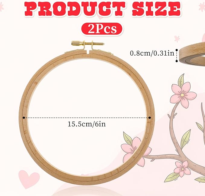 2 Pack 6 Inch Wood Embroidery Hoop, Cross Stitch Hoops Ring, Cross Stitch Supplies Beech Wooden Embroidery Frames for Art Craft Sewing, DIY Decoration