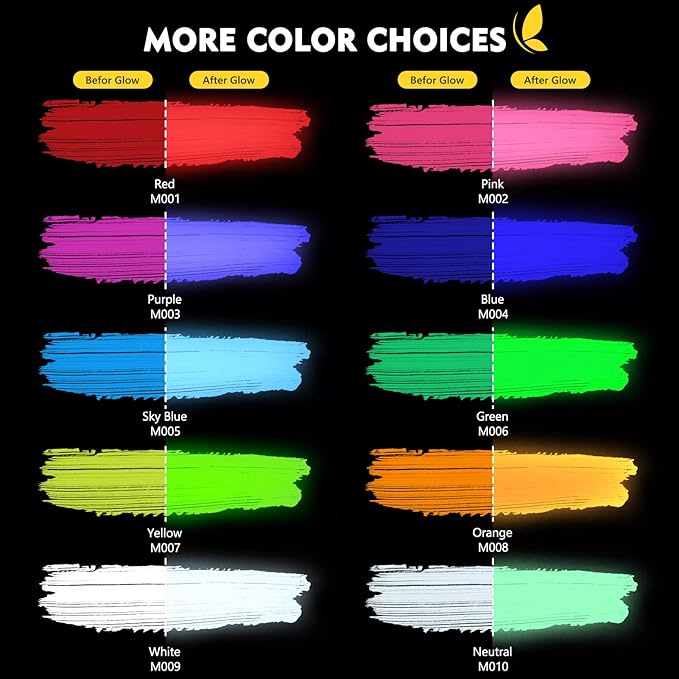 Magicfly Acrylic Glow in The Dark Paint, 10 Bright Colours Liquid Luminous Paint, Neon Paints Glow in Dark for Painting, Halloween Decoration, DIY Crafts, 20 ml Each