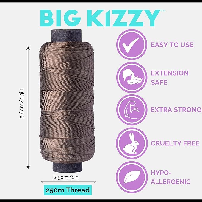 Big Kizzy Light Brown 250m Nylon Thread for Hair Extensions, Sew in Human Hair Weft and Wigs - Non-Slip and Comfortable Hold for Hand and Machine Tied Weft