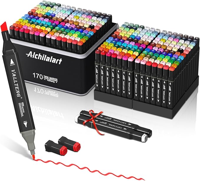 Alchilalart 170 Colors Dual Tip Sketching Drawing Markers, Set for Adults & Kids