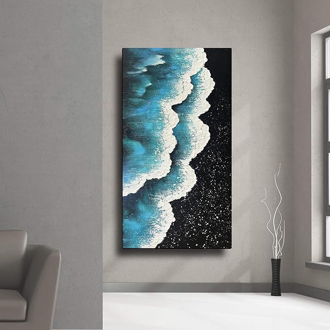 YaSheng Art - Oil Painting on Canvas Texture Black and White Blue Ocean scenery sandbeach 3D Oil Painting Hand-Painted Abstract Artwork Paintings Modern Home Decor Living room sofa bedroom dining room hanging pictures Canvas Wall Art 24x48inch