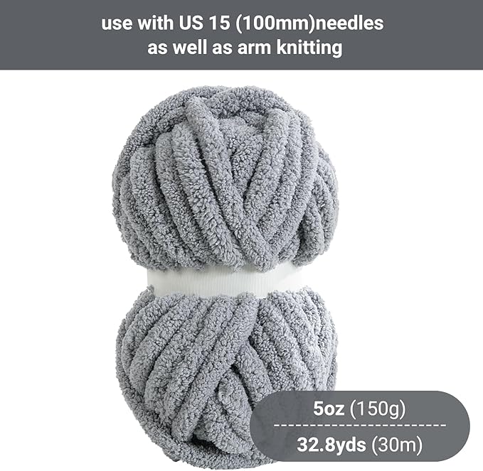 HOMBYS Grey Chunky Chenille Yarn for Hand Knitting,Fluffy Soft Jumbo Yarn Crocheting,Super Bulky Big Yarn for Chunky Blanket,Large Thick Arm Knitting Yarn,8 Pack Plush Fuzzy Yarn