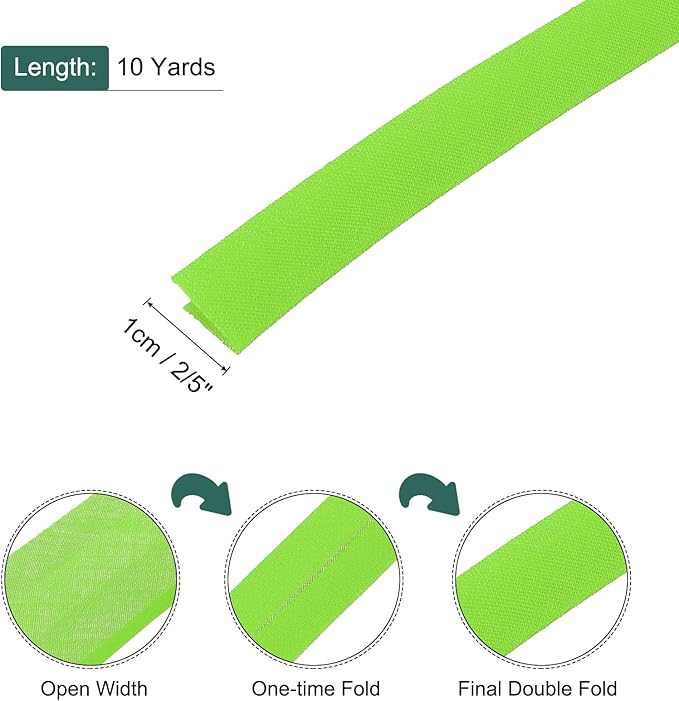MECCANIXITY 2/5 Inch Double Fold Bias Tape Polyester Continuous Bulk Bias Tape for Sewing,Seaming Quilting Hemming Binding Crafts (Fruit Green 10 Yards)