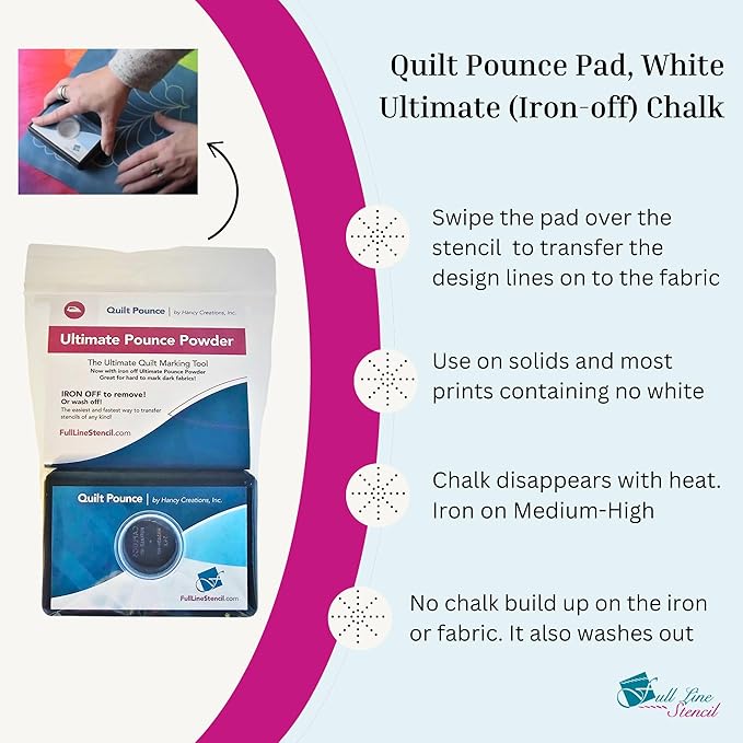 Full Line Stencil - Ultimate Quilt Pounce Pad with Refillable Iron-Off Chalk Powder, for Design Transfer and Fabric Marking Using Quilting Stencils – 2 oz White Chalk Included (QPU)