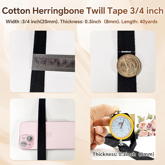 Black Herringbone Twill Tape 3/4 inch for Sewing,Ties,Gift Wrapping Home Deco -40 Yards Natural Cotton Webbing Straps-Bias Binding Tape for Handles, Crafting & DIY Projects