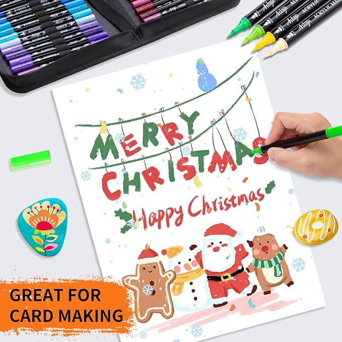 60 Colors Acrylic Paint Pens, Dual Tip Pens With Fine Tip and Brush Tip for Rock Painting, Ceramic, Wood, Plastic, Calligraphy, Scrapbooking, Brush Lettering, Card Making, DIY Crafts