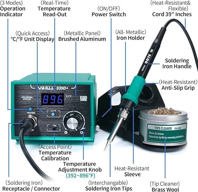 YIHUA 939D+ Digital Soldering Station, 75W Equivalent with Precision Heat Control (392°F to 896°F) and Built-in Transformer. ESD Safe, Lead Free with °C/°F display (Green)