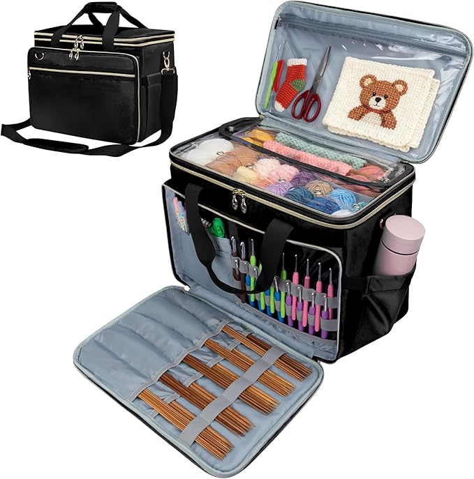 Anitor Large Crochet Bag Knitting Bag Yarn Storage Tote, Yarn Bag with Clear Top Lid, Unfinished Project Compartment, 6 Yarn Holes. Holds Knitting Needles, Crochet Hooks, Yarn, Black, (Bag Only)