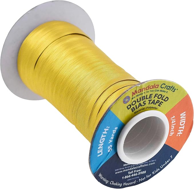 Mandala Crafts 55 Yards 1/4 Inch Metallic Gold Double Fold Bias Tape for Sewing - Bias Binding Tape for Quilting Binding, Hemming, Seam, and Fabric Piping