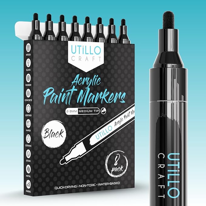 Utillo Craft Black Paint Pen (8-Pack) for Rock Painting, Wood, Glass, Tire, Canvas, Metal, Fabric | Medium 2-3mm Tip Made in Japan | Bold Color Acrylic Black Paint Markers | Perfect Art DIY Gift